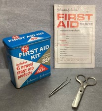 Vtg Johnson & Johnson Bandaid First Aid Kit Tin Guide Scissors Tweezer 1960s 70s