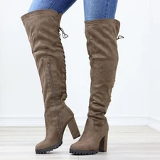 Full Lace-Up Back Taupe Faux Suede Thigh High Over The Knee Lug Block Heeled Boo