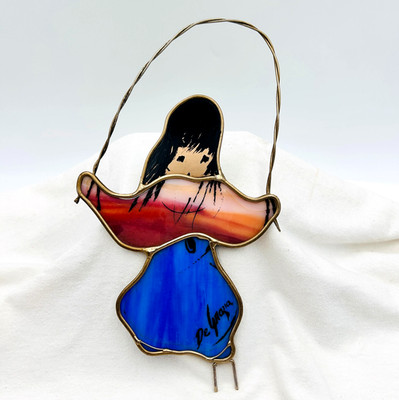 Ted De Grazia Stained Glass Sun Catcher Girl Jumping Rope 1980 Ken Toney Vintage