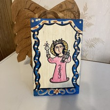 Outsider/Folk Art Mixed Media Portrait of Woman with Red Lips in Distressed Wood Frame — listing 3