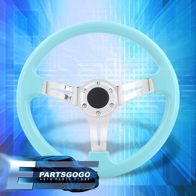 Universal JDM 14'' 350mm Teal Chrome Steel Heavy Duty Deep Steering Wheel +Button