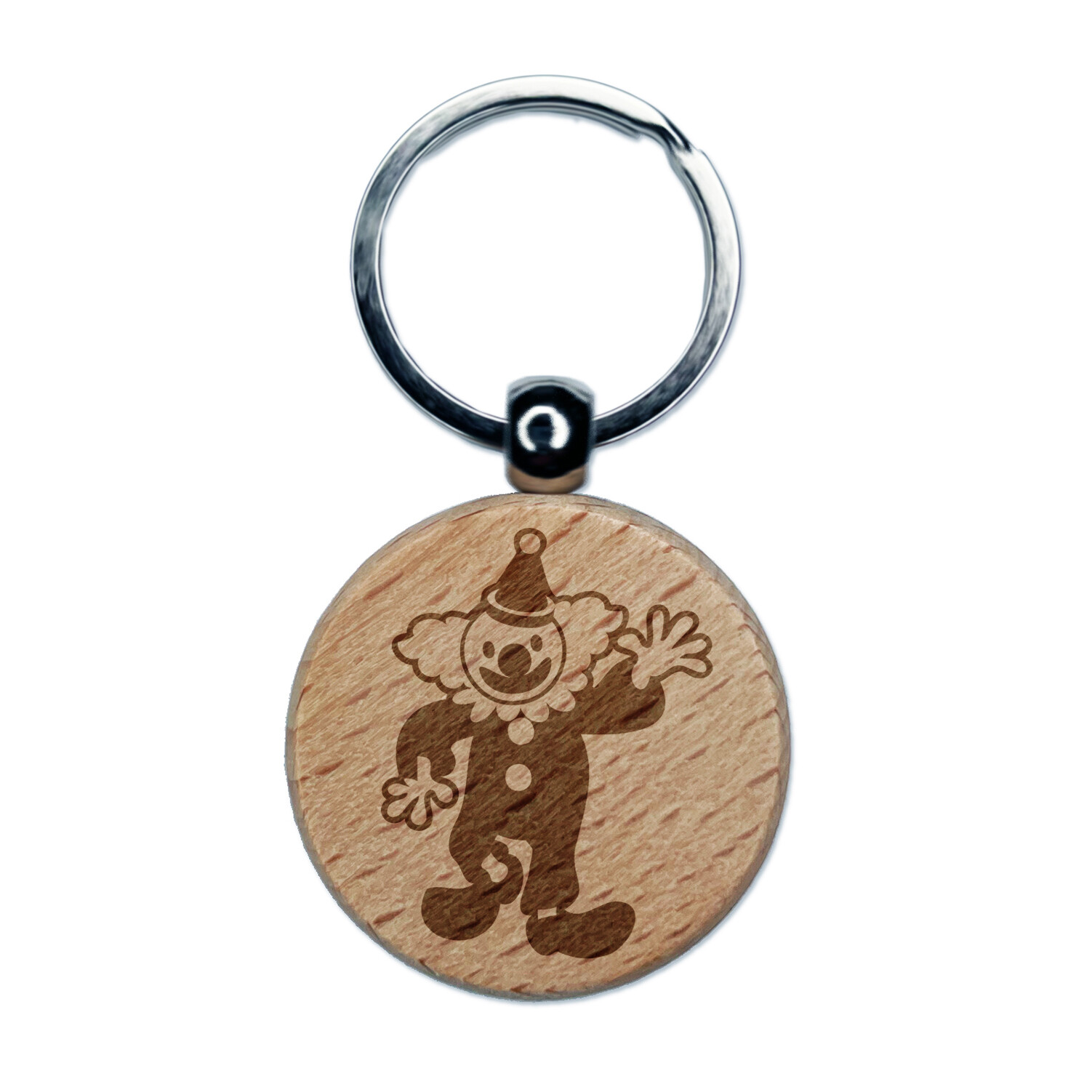 Waving Clown Circus Carnival Engraved Wood Round Keychain Tag Charm