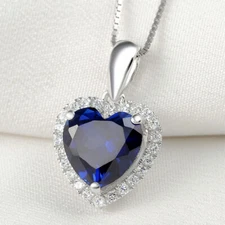 Heart Blue 925 Silver Plated Pendant 18" Chain Necklace simulated