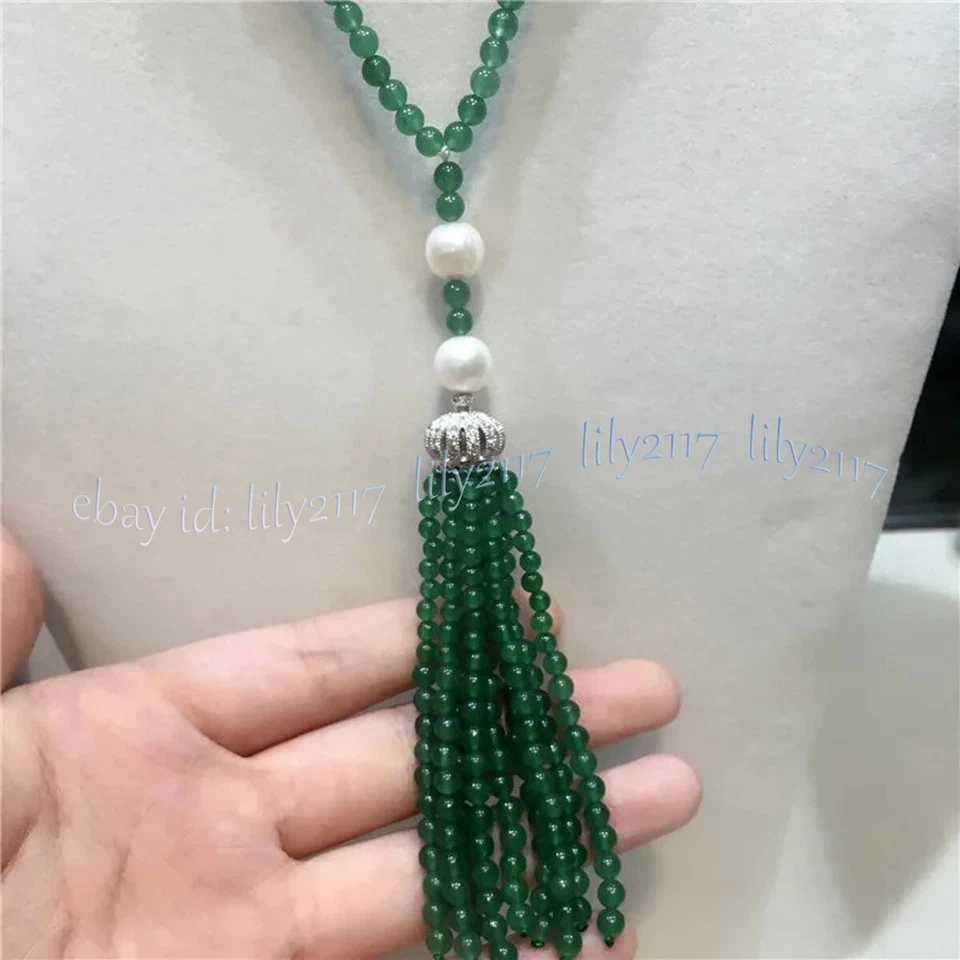 Natural Green Jade Round Gemstone Beads Tassel Pendant Necklace Long 35 inches - Image 4 of 4