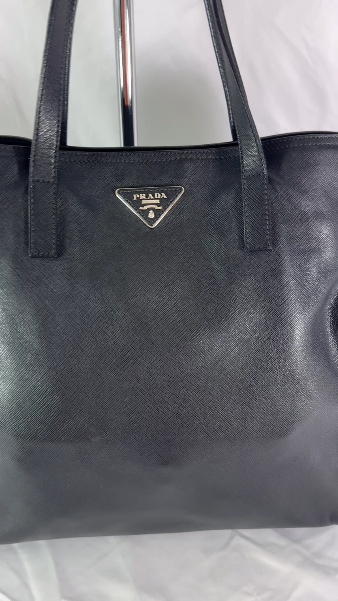PRADA Authentic Front Logo Black Leather Saffiano Tote Bag Made in