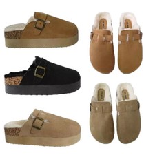 Womens Ladies Faux Suede Fur Lined Mule Slippers Cosy Platform Clogs Winter