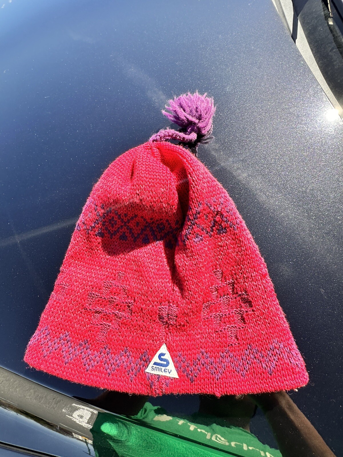 Vintage Smiley Beanie Cap 100% Wool Ski Snow Hat Red, Made In USA