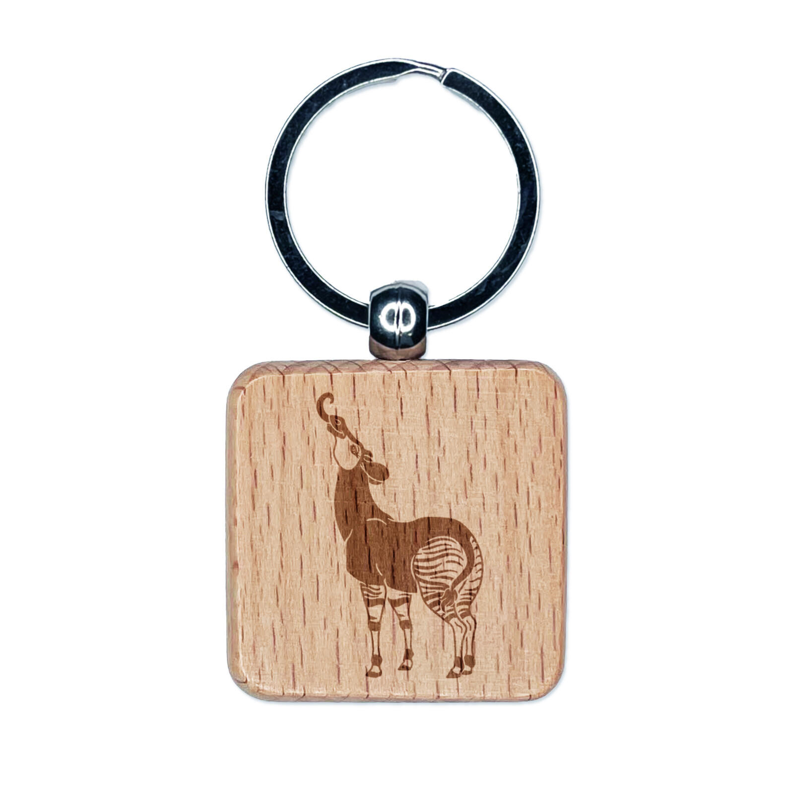 Silly Okapi Zebra Giraffe Wood Engraved Square Keychain with Tongue Out