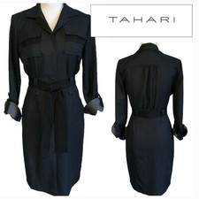 TAHARI Shirt Dress Sz 2 $378 Stretch Blue Denim Look Roll Tab Sleeves Belted