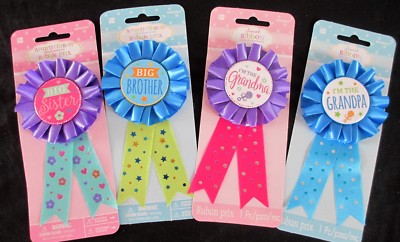 Baby Shower Award Ribbon Badge Rosette Big Sister Big Brother Grandma ...