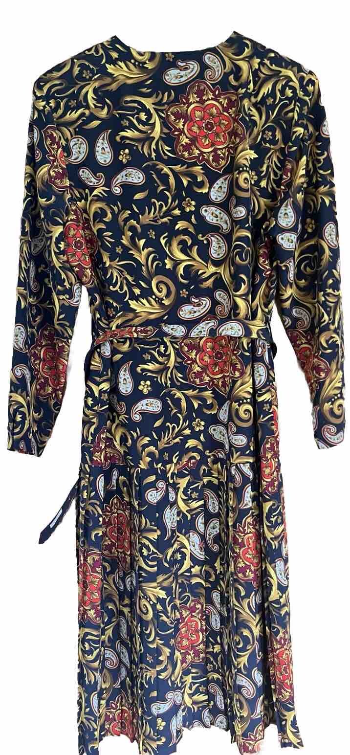 Vintage Marks & Spencer St. Michael Paisley Pleated Midi Dress UK 16 Belted