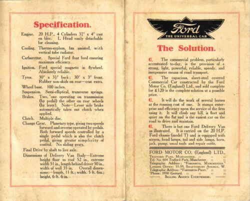 Ford Modell T Lieferwagen Original UK Karte Verkaufsbroschüre n/d Version 2 - Bild 1 von 2