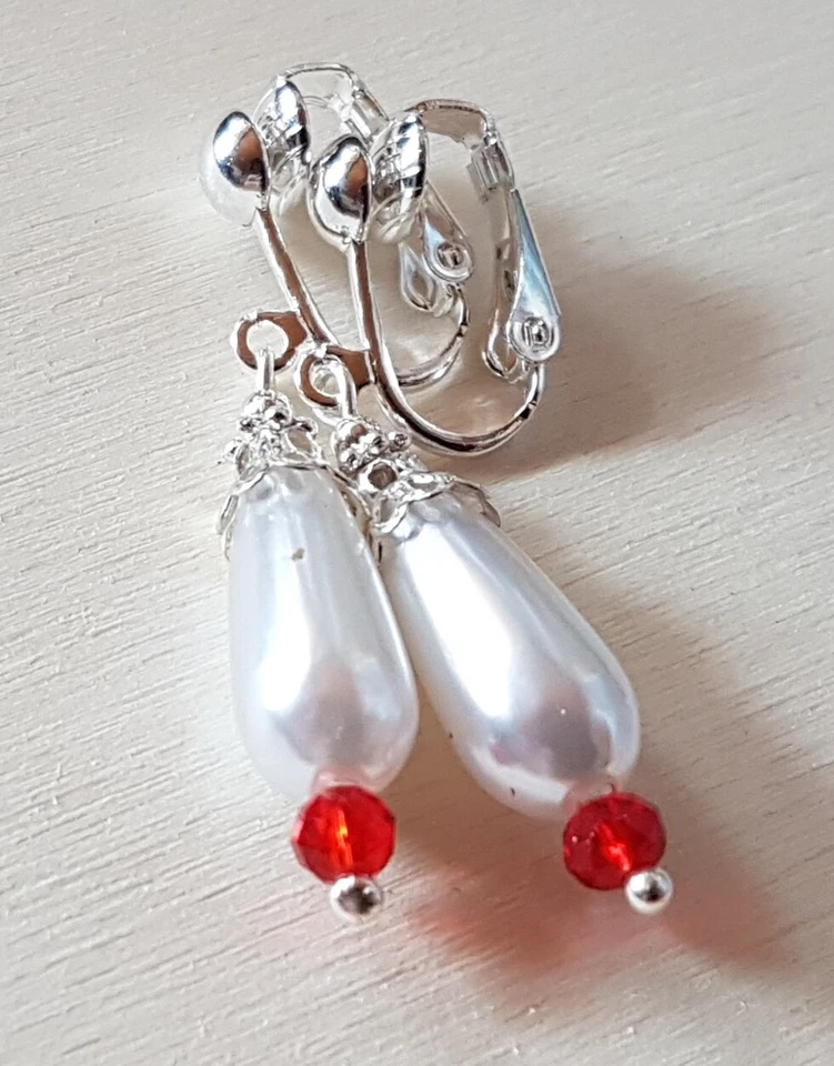 OHRCLIPS CLIPS TROPFEN KRISTALL PERLEN WEIß ROT - Bild 2 von 2