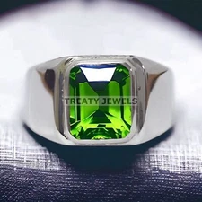 Peridot Emerald Cut Gemstone With 925 Sterling Silver Ring For Men's #900 *