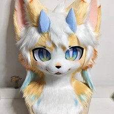 Fursuit Long haired Dog Fox Mascot Party Halloween Fur Cosplay head 