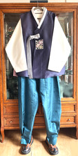 Tall Fit Men's Korean Traditional Hanbok Set-Purple Vest /Ivory Top /Teal Pants