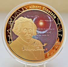 MEDAGLIA GIGANTE: ALBERT EINSTEIN - GENI DEL MONDO, Cu placcato oro, COLORE, PP, C34