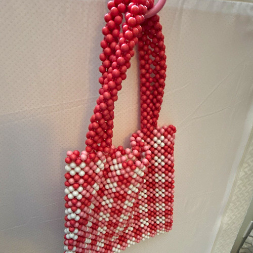 Beaded Tote Handbag dark pink white and light pink