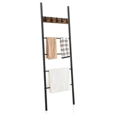 COSTWAY Wall Leaning Blanket Ladder 5-Tier Ladder Shelf w/5 Removable Hooks