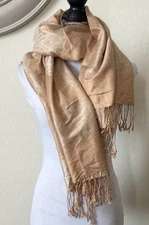 Pashmina Scarf Wrap Shawl Fringe Cashmere Silk Blend Brown Neutral EUC