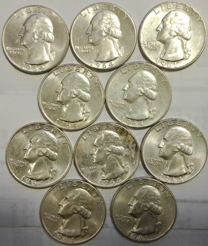 Lot of 10 AU/BU Washington 90% Silver Quarters 1964 1961