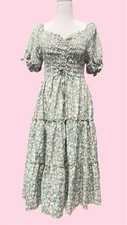 Green Pink Floral Smocked Tiered Midi Sundress Puff Sleeve Square Neck Dress