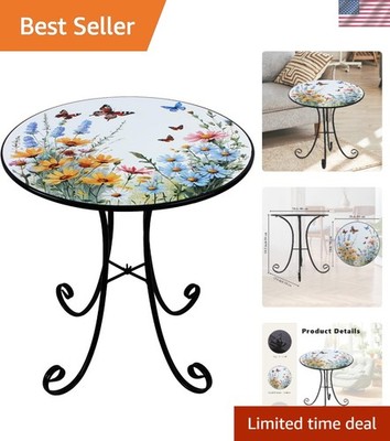 Charming 18'' Floral Butterfly Metal End Table for Outdoor Decor - Easy Assembly