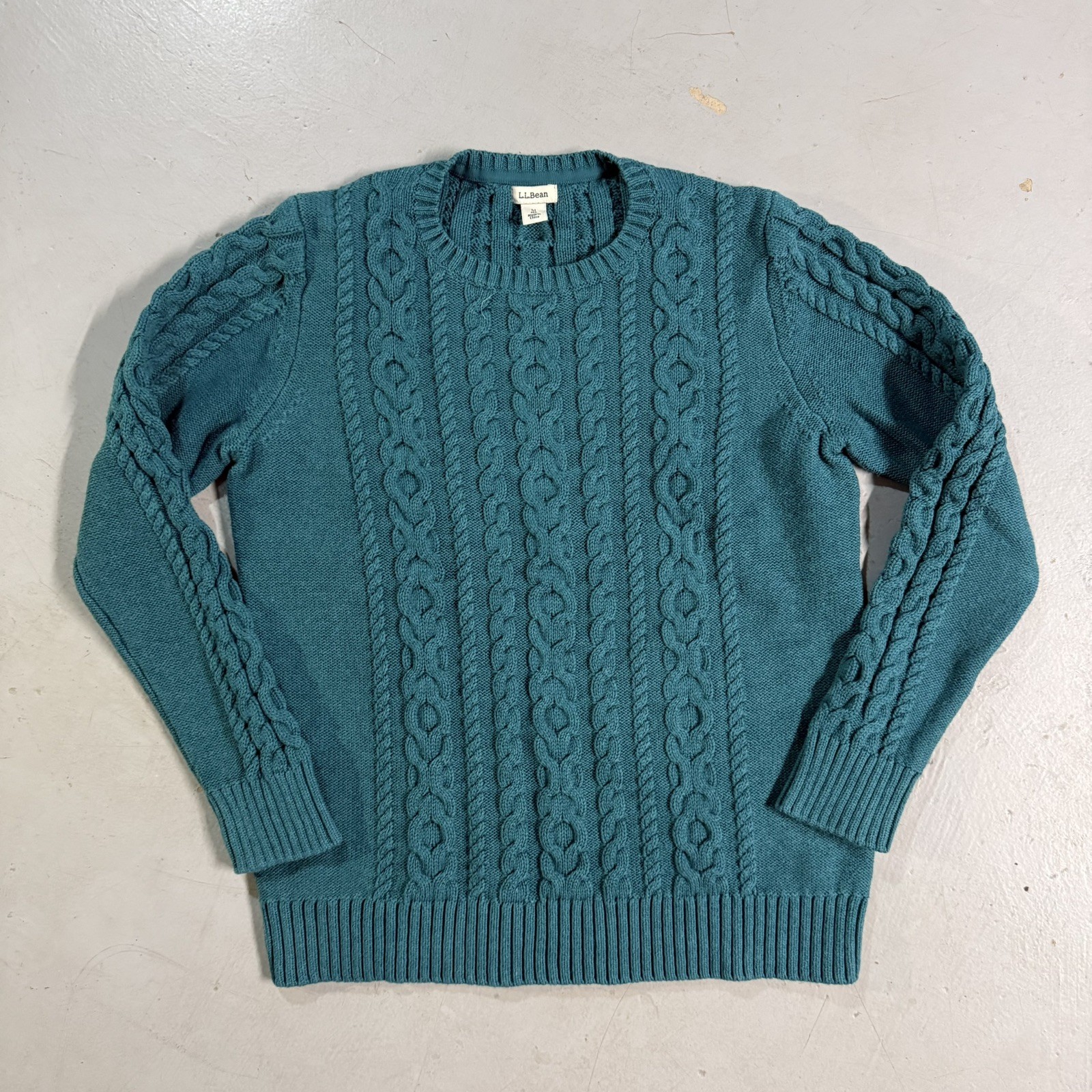LL BEAN Cable Knit Sweater Womens Medium Regular Teal Long Sleeve Fisherman