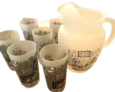 RARE VTG 50s FROSTED PITCHER & 6 GLASSES "GOD BLESS OUR HOME" UNUSED DISPLAYED