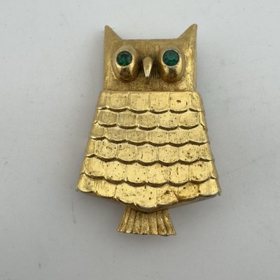 Vintage 60s AVON Locket Compact Owl Pin Brooch Rhinestone Eyes