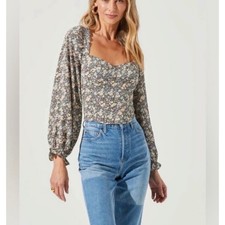 ASTR The Label Size-M Crop Top Brown Peach Floral Smocked Corset
