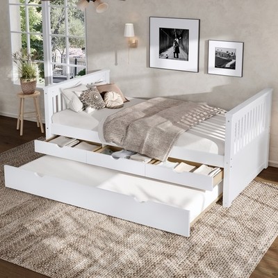 Twin Platform Bed with Drawers and Trundle, Solid Wood Daybed, No Spring Box Nee