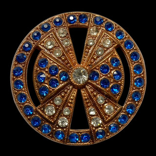 Large Art Deco Gilt Brass Button w Cobalt Blue & Sparkling Pastes