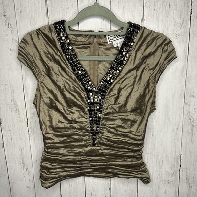 Carlisle Shirt Womens 4 Gold Beaded Ruched V Neck Cap Sleeve Stretch Top
