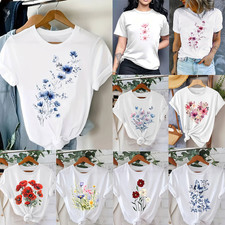 Women's Floral Graphic T-Shirt Flower Casual Crew Neck Short Sleeve Tee Top US