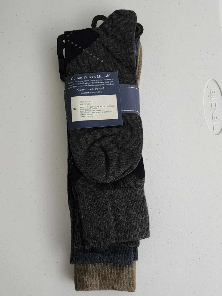 全新 复古 Lands End 男式 中号 棉图案 正装袜 - Midcalf 3 件装 — 第 2/3 张图片