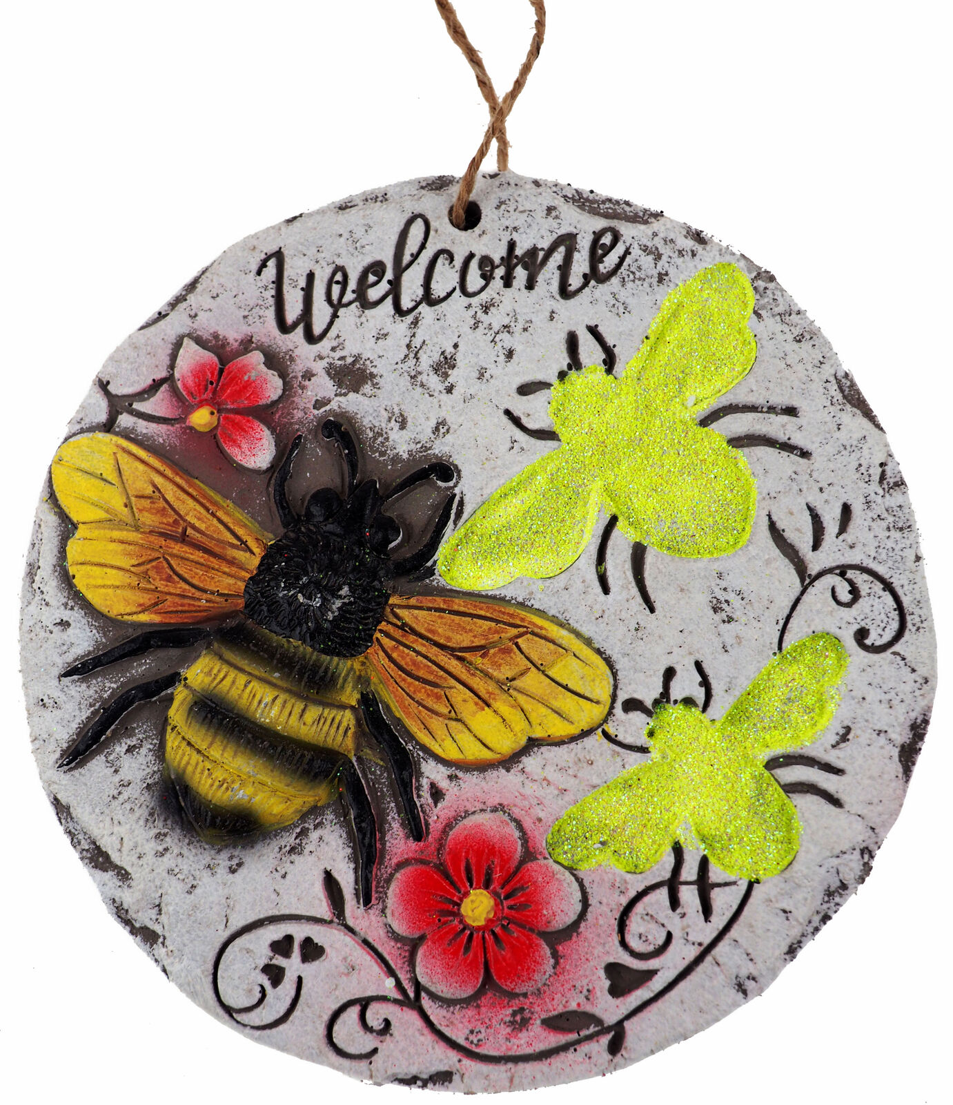 Hanging Welcome Garden Quote 16cm Round Plaques - Honey Bumble Bee