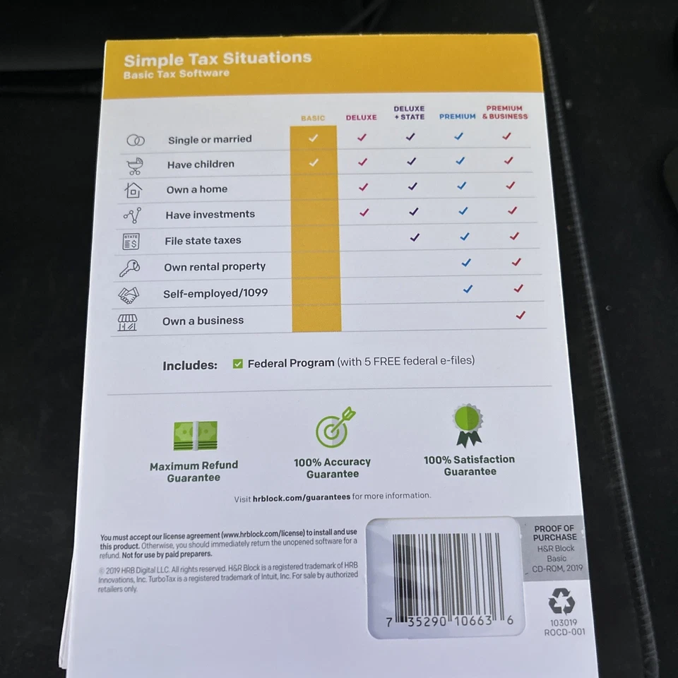 H&R Block Basic Tax Software Mac Windows 2019 - RETAIL PACKAGING. CD and digital - Image 2 of 2