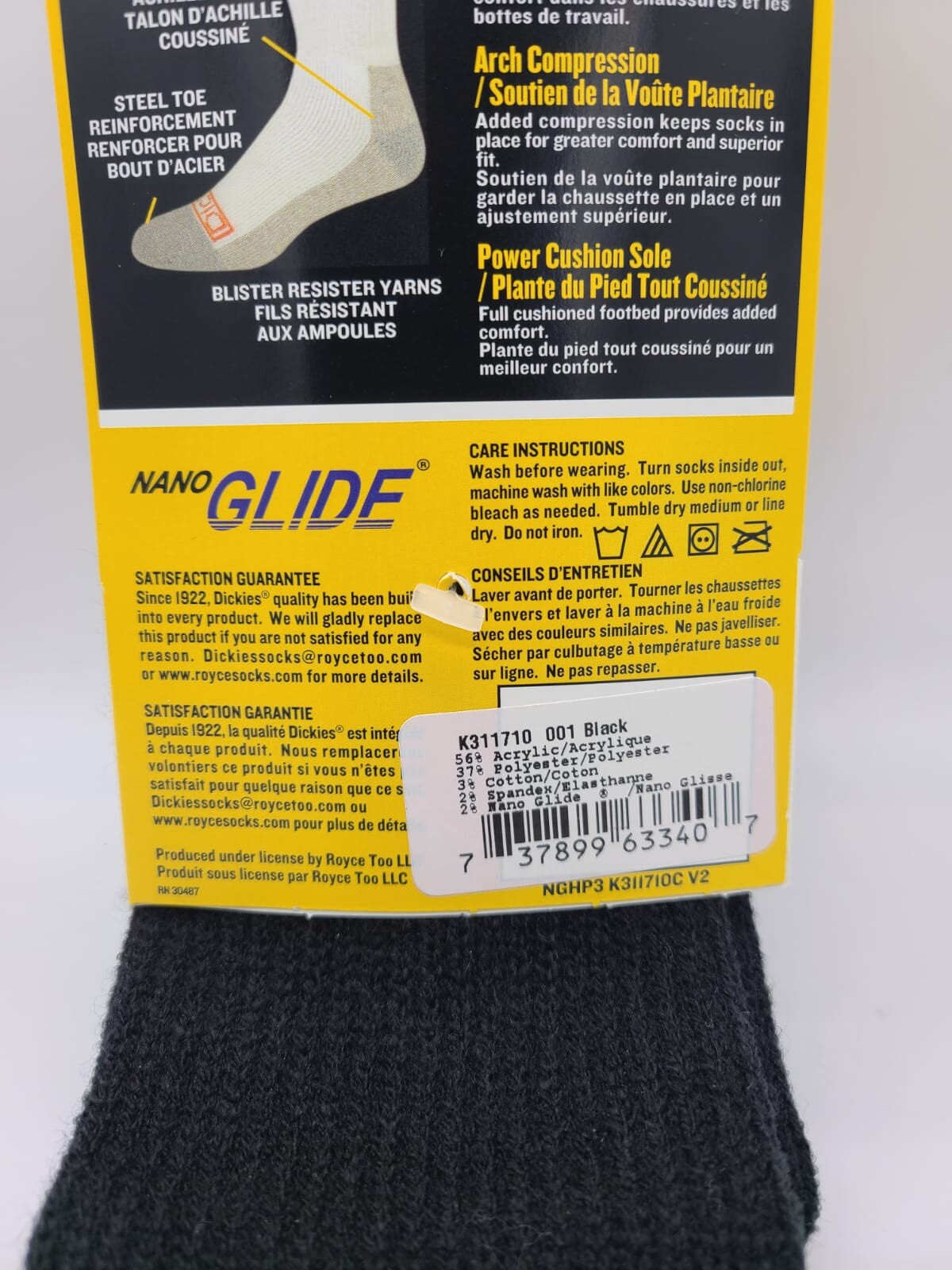 Dickies Black Steel Toe Crew Performance Work Socks Nano Glide 3Pair