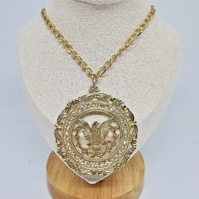Vintage ROYAL Eagle Gold Tone Rhinestone Medallion Pendant WHITING DAVIS Chain
