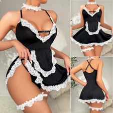 Women's Sexy Lingerie Nightwear Maid Cosplay Costume Babydoll Chemise Mini Dress