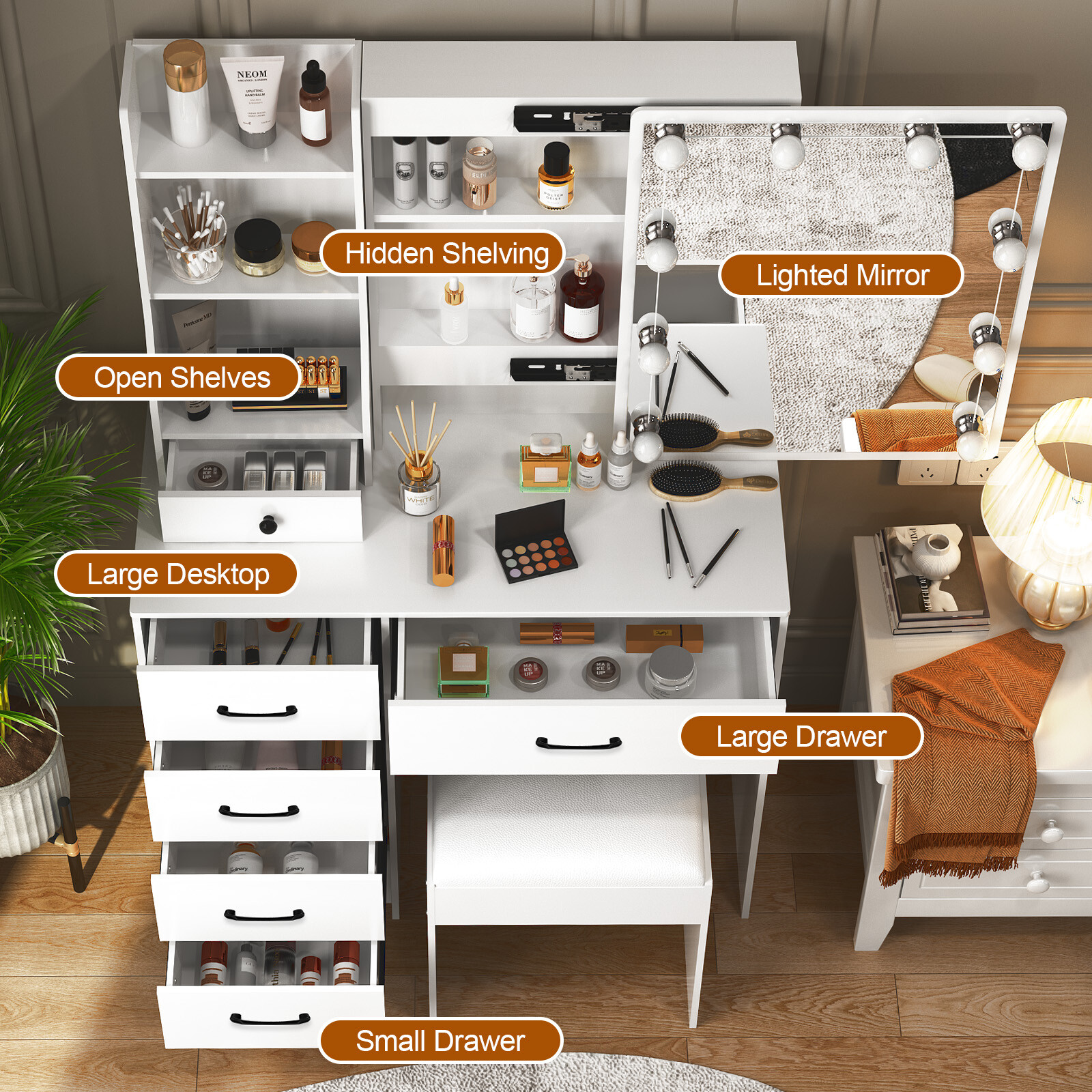 Vanity Desk with Mirror and 10 LED Lights, Dressing Table with 6 Drawers, White