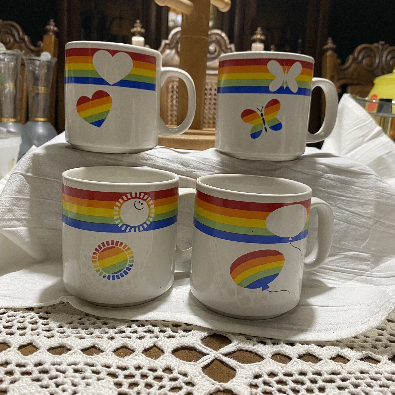 4 RUSS Berrie Rainbow 🌈 Stripe Sun Butterfly Balloon Heart Mug Cup W/mug Tree