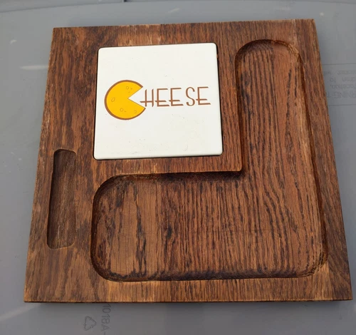Vintage MCM Retro 1970s Vermillion Real Oak Wood Cheese Board Trivet Platter 12"