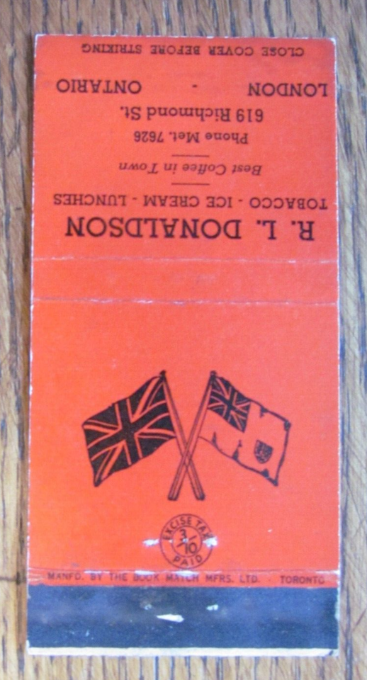 1940s CANADIAN TAX STAMP MATCHBOOK COVER DONALDSON TOBACCO SHOP LONDON, ON D30 eBay