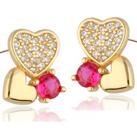 Ohrringe Gold Herz Rubin Zirkonia 18K Gelbgold Vergoldet Damen Ohrstecker Herzen
