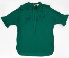 Shinestar Gold Shirt Womens Small Green Blouse Pullover ruffle sleeve Tie