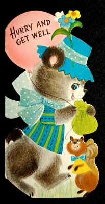 Hallmark Anthro Bear & Squirrel W/Balloon Mica Die Cut Get Well Used Card MINTY