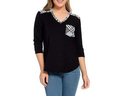 NEW Nygård Knit 3/4 Sleeve V-Neck Patch Pocket Hi-Lo Top Black & White
