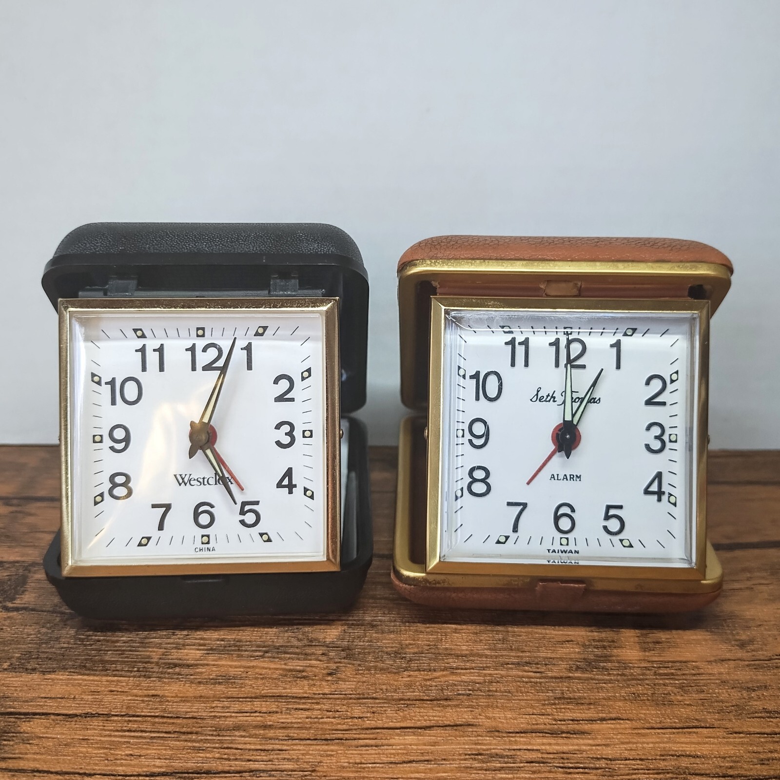 Vintage Lot of 2, 2¾" Westclox, Seth Thomas Folding Case Travel Alarm